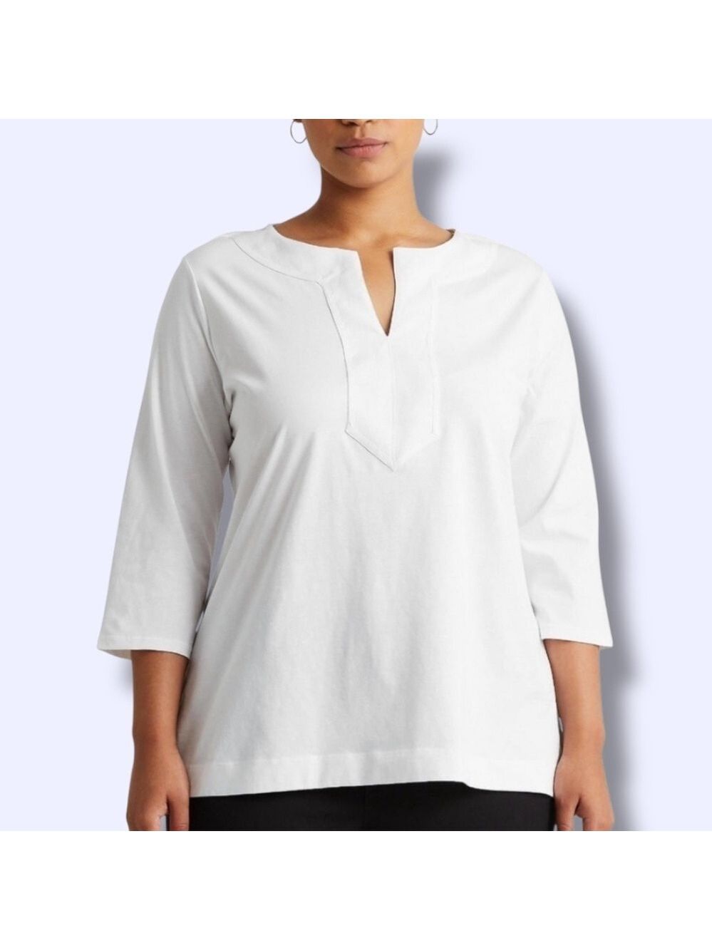 LAUREN RALPH LAUREN 100% Cotton White Split Crew Neck Blouse 3/4 Sleeves Sz 3X